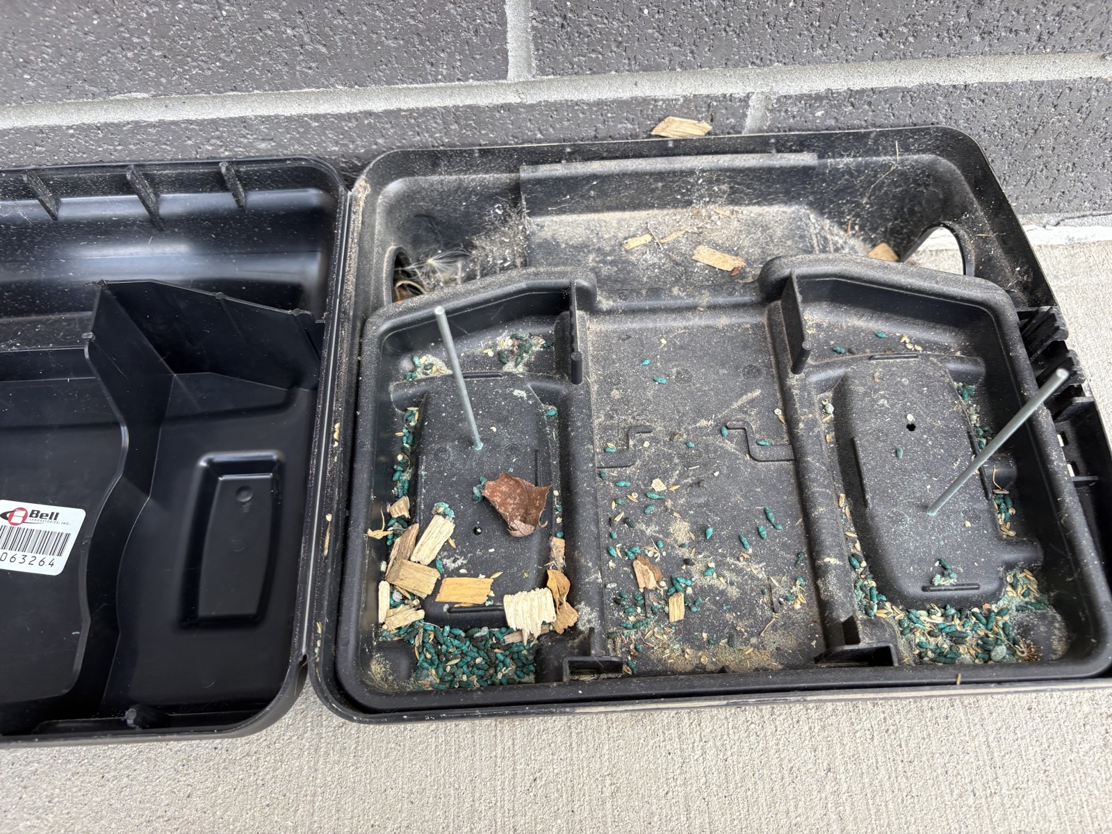 A prior vendor's bait station at Springville, opened during the walkthrough, with debris and loose bait fragments inside and bare bait rods